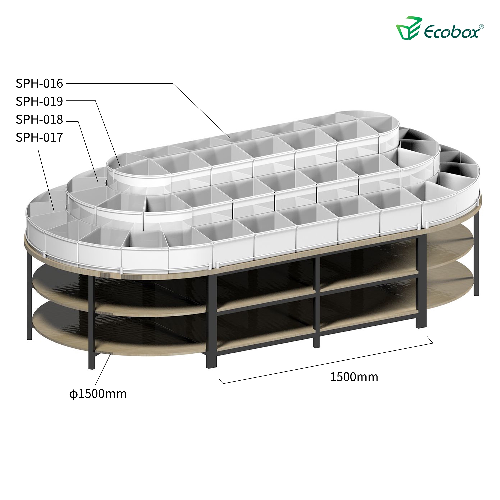 Ecobox G005 series round shelf with Ecobox bulk bins supermarket bulk food displays