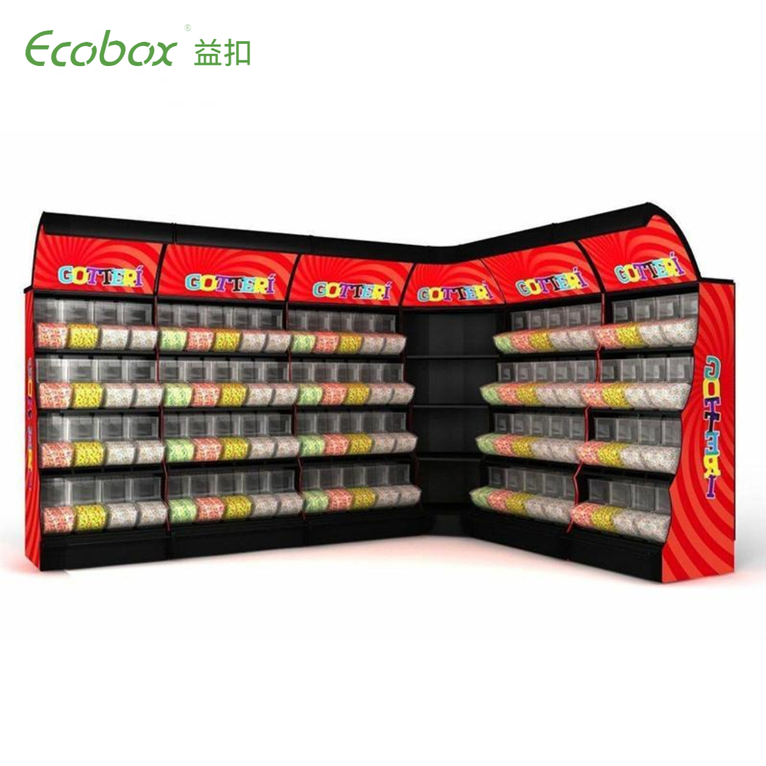 Ecobox TG-06102A metal candy stand display shelf rack with scoop bins black color